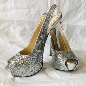 Enzo Angiolini silver sequin peep toe